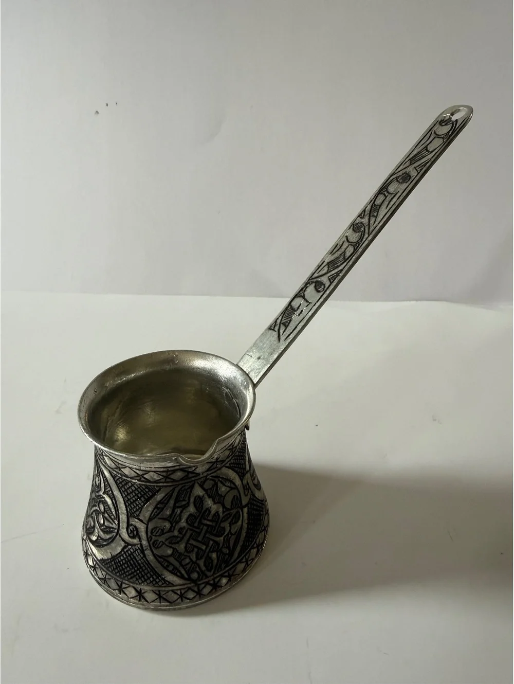 Vintage Hand Engraved Turkish Copper Coffee Cezve Ibrik Tinned 7” Handle